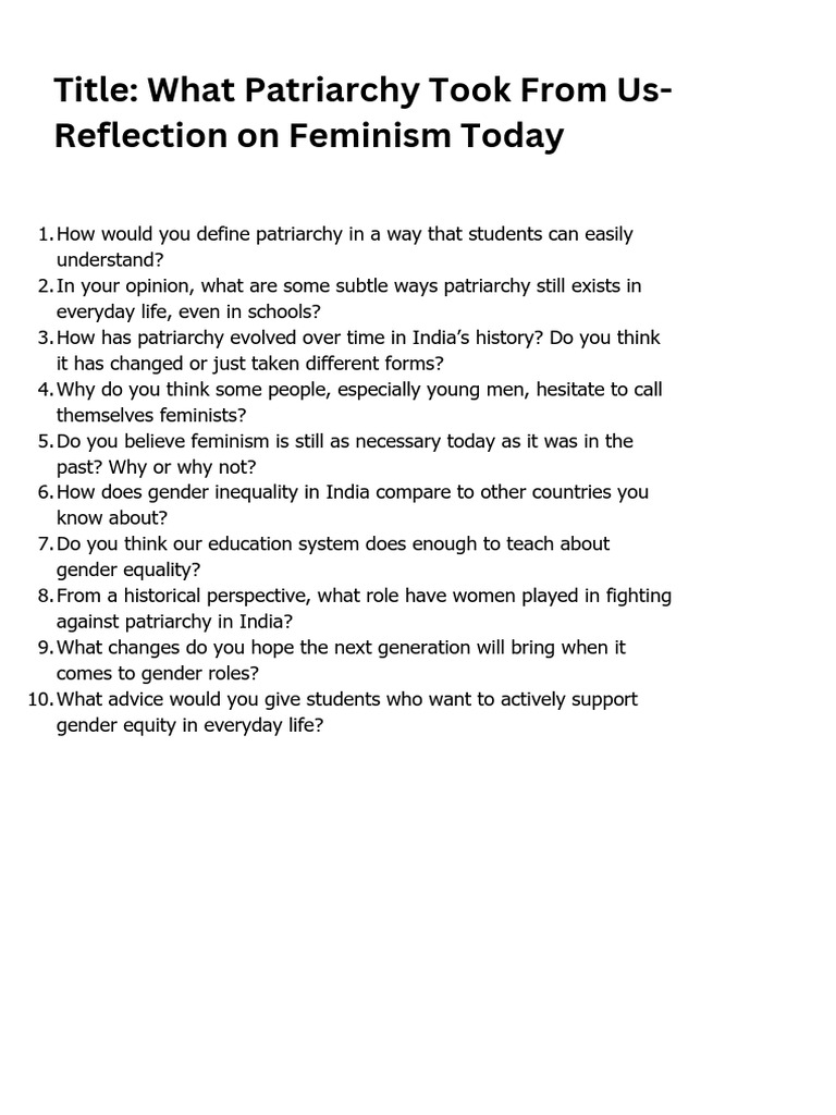Title: What Patriarchy Took From Us-Reflection On Feminism Today | PDF