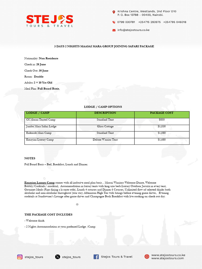 3-Day Maasai Mara Group Safari Package | PDF | Meal | Drink