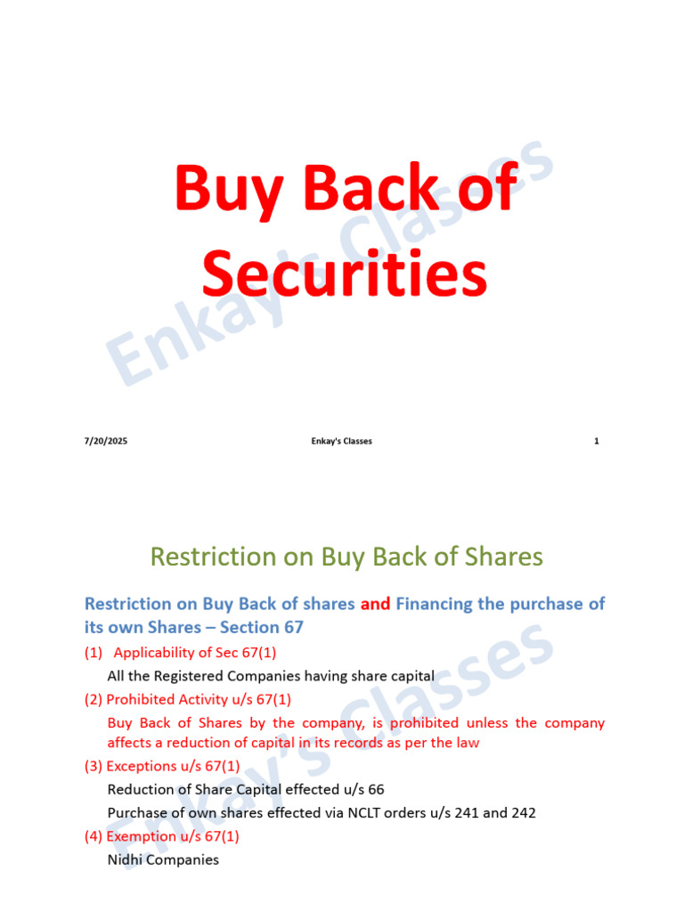 Buy Back of Shares: Legal Restrictions and Compliance | PDF ...