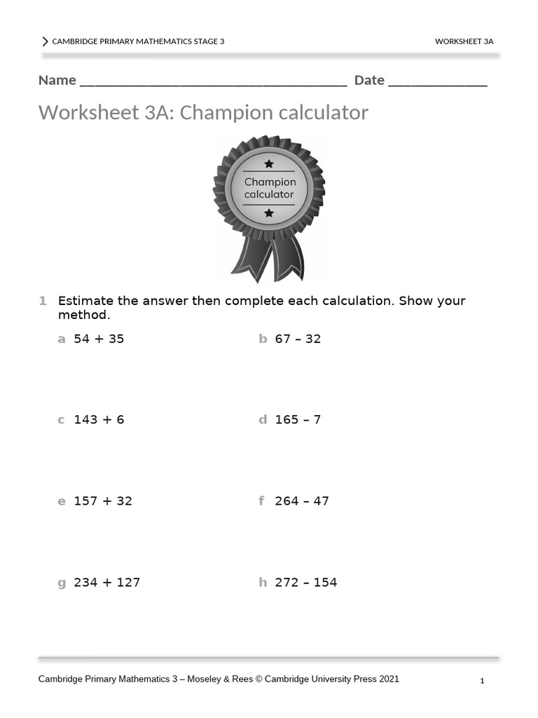 Cambridge Primary Math Stage 3 Worksheet | PDF