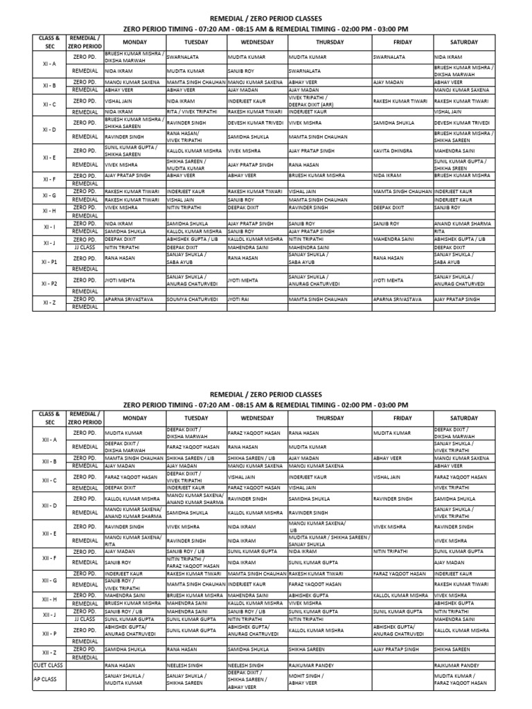 Remedial and Zero Period Class Schedule | PDF