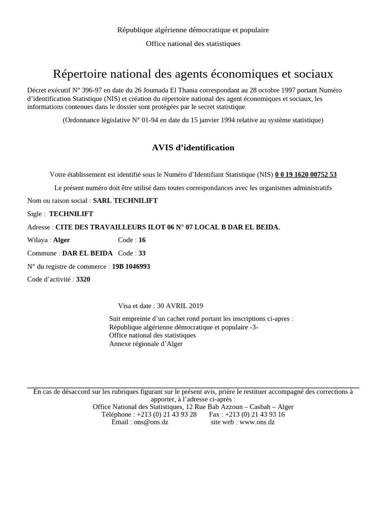 Identification NIS pour TECHNILIFT | PDF