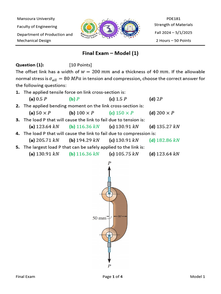 Strength of Materials Final Exam 2024 | PDF | Bending | Beam (Structure)