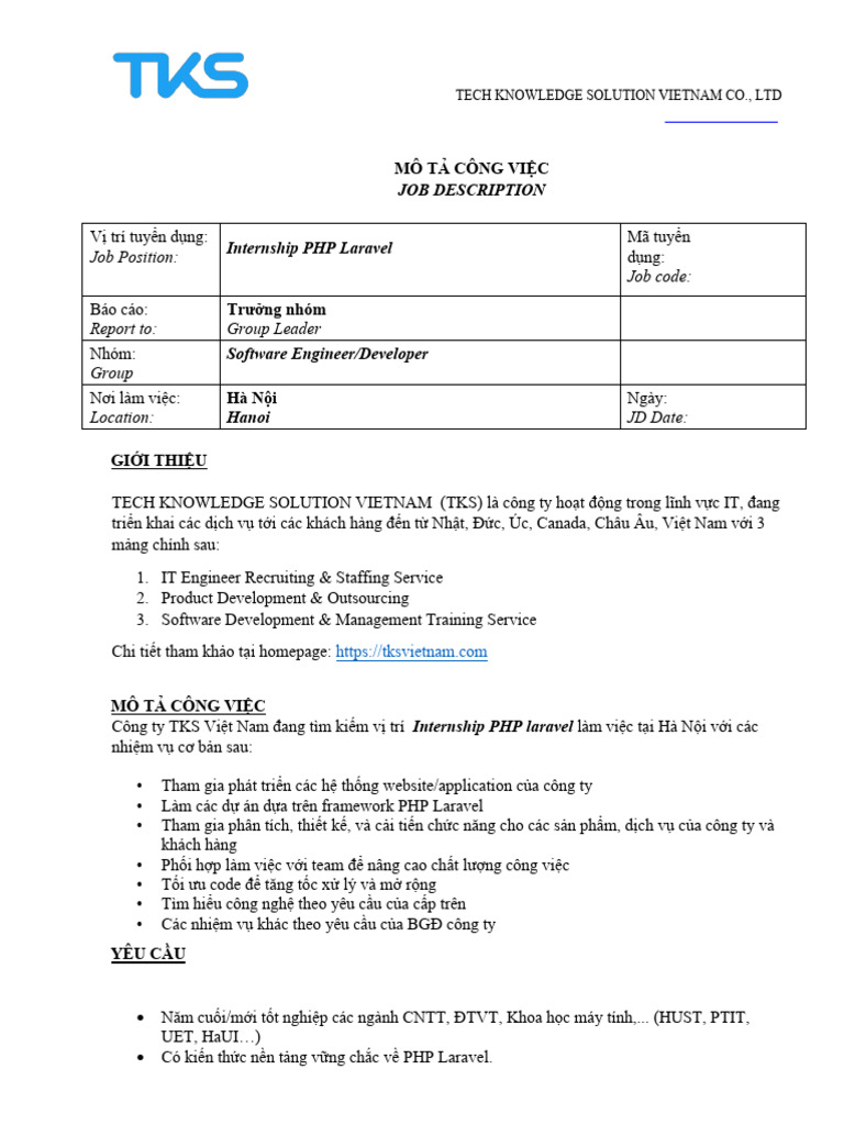 TKS Vietnam JD Intern Developer PHP Laravel | PDF