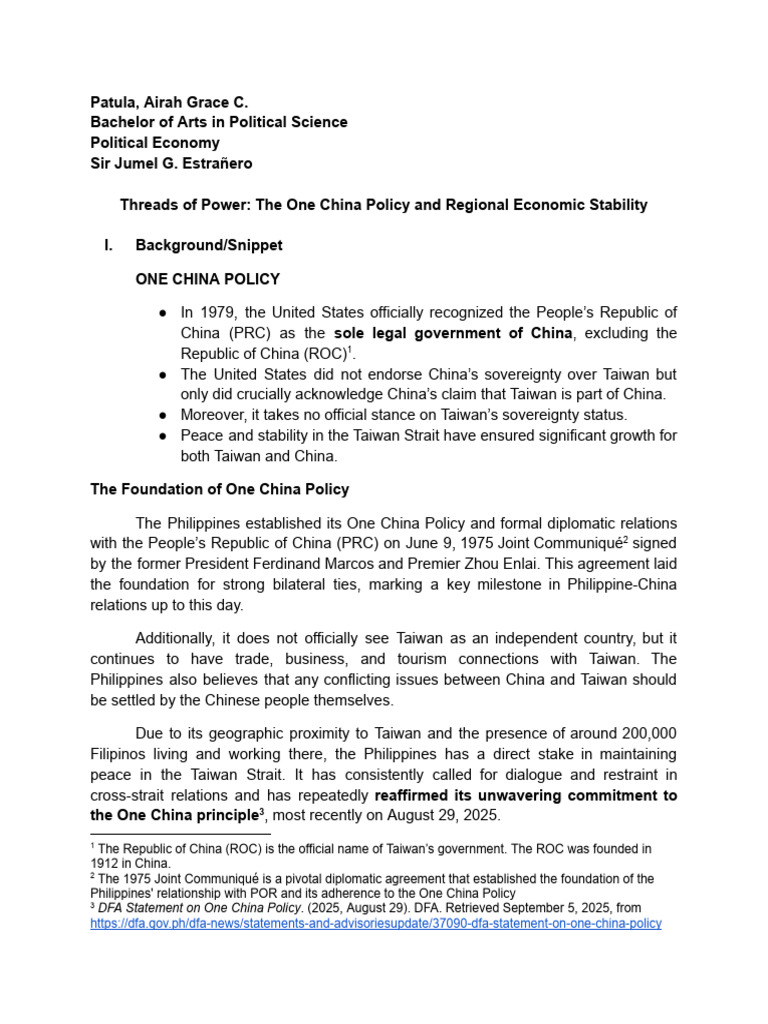 One China Policy and Regional Stability | PDF | Taiwan | China