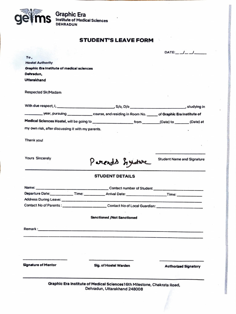 Hostel Leave Application Form | PDF