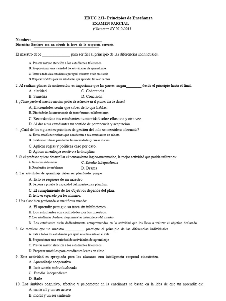 Examen de Medio Término Educ 231 | PDF | Aprendizaje | La gestión del aula