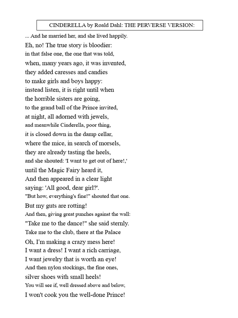 Roald Dahl's Twisted Cinderella Poem | PDF | Cinderella | Traditional ...