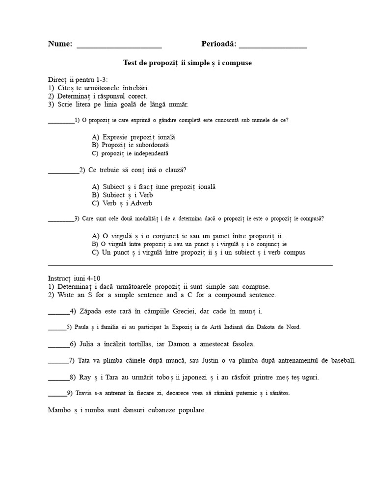 Test de Propoziții Simple Și Compuse | PDF