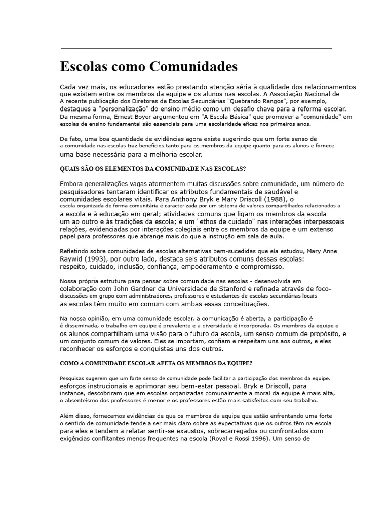 Comunidade Escolar: Impactos e Benefícios | PDF | Escolas | Aprendizado