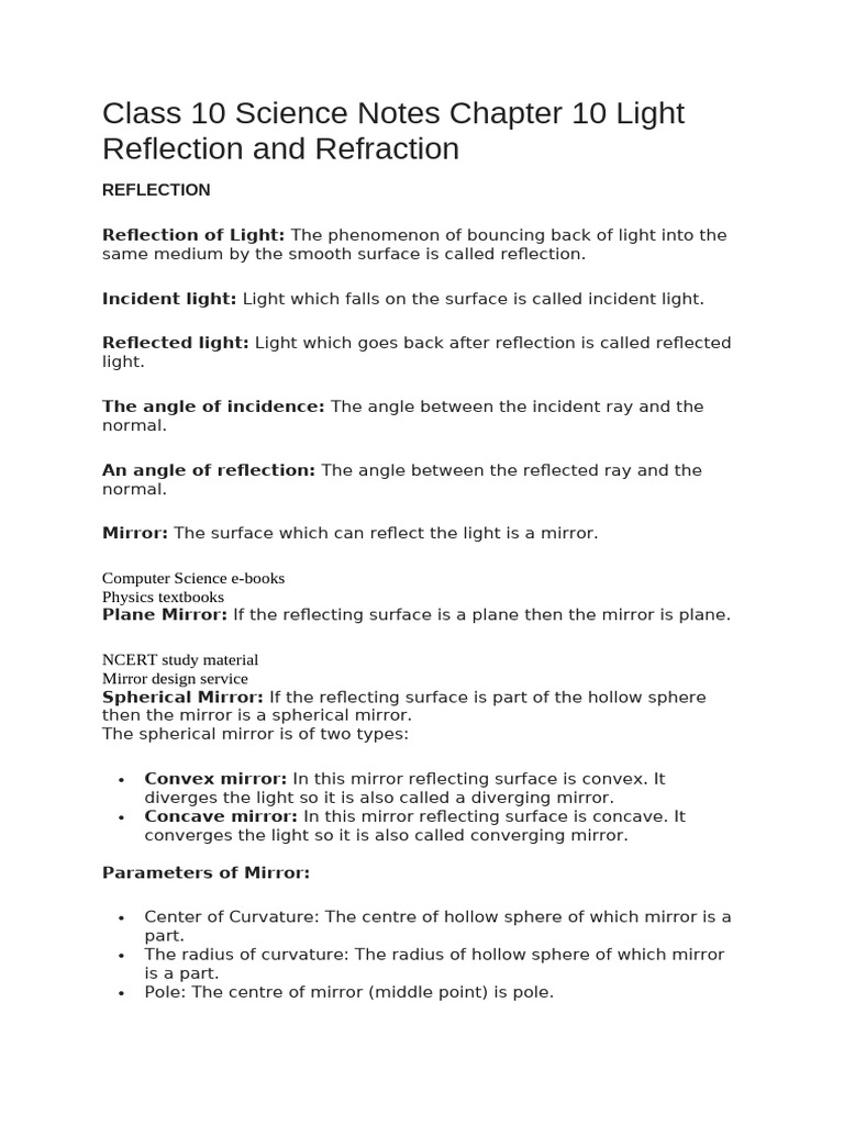 Chapter 10 Light Reflection and Refraction | PDF | Mirror | Optics