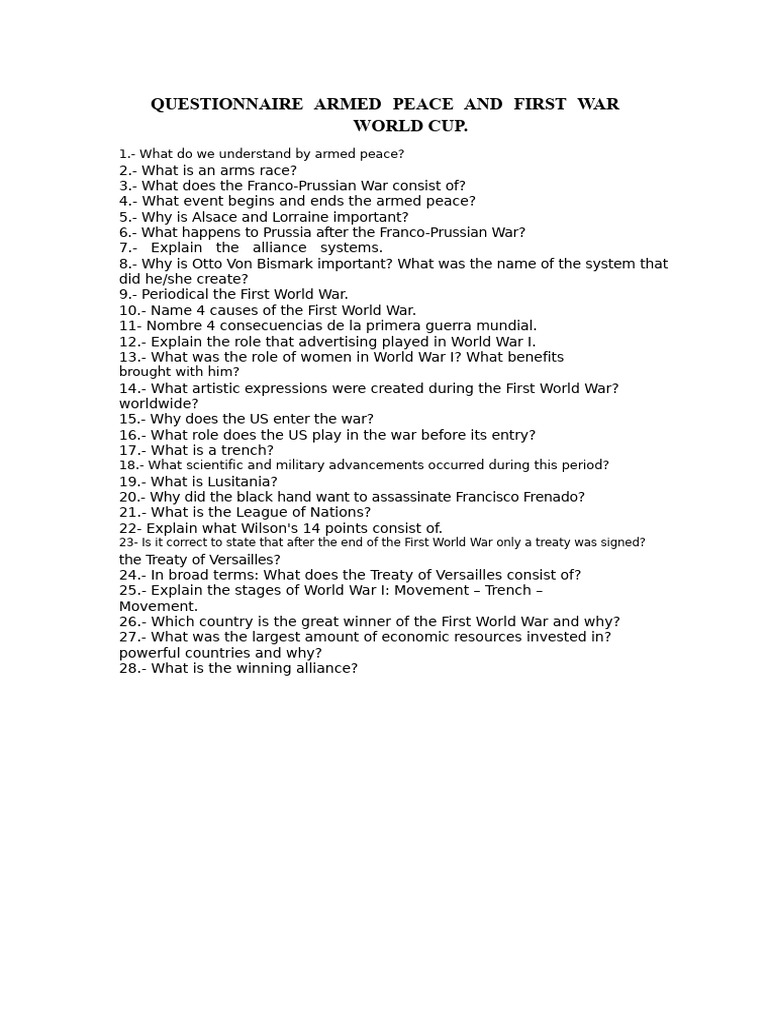 Questionnaire On The Armistice and World War I | PDF