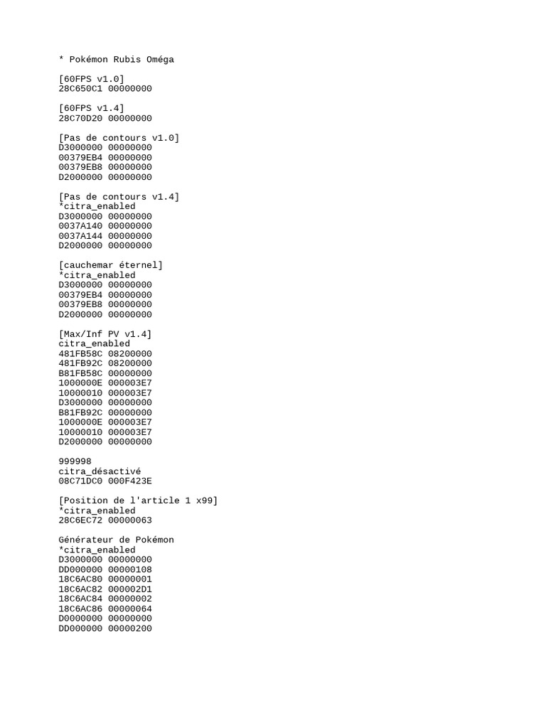 Codes de triche Pokémon Rubis Oméga | PDF | Pokémon