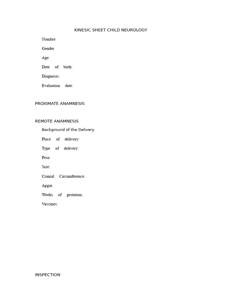 Child Neurology Kinesic Evaluation Sheet | PDF