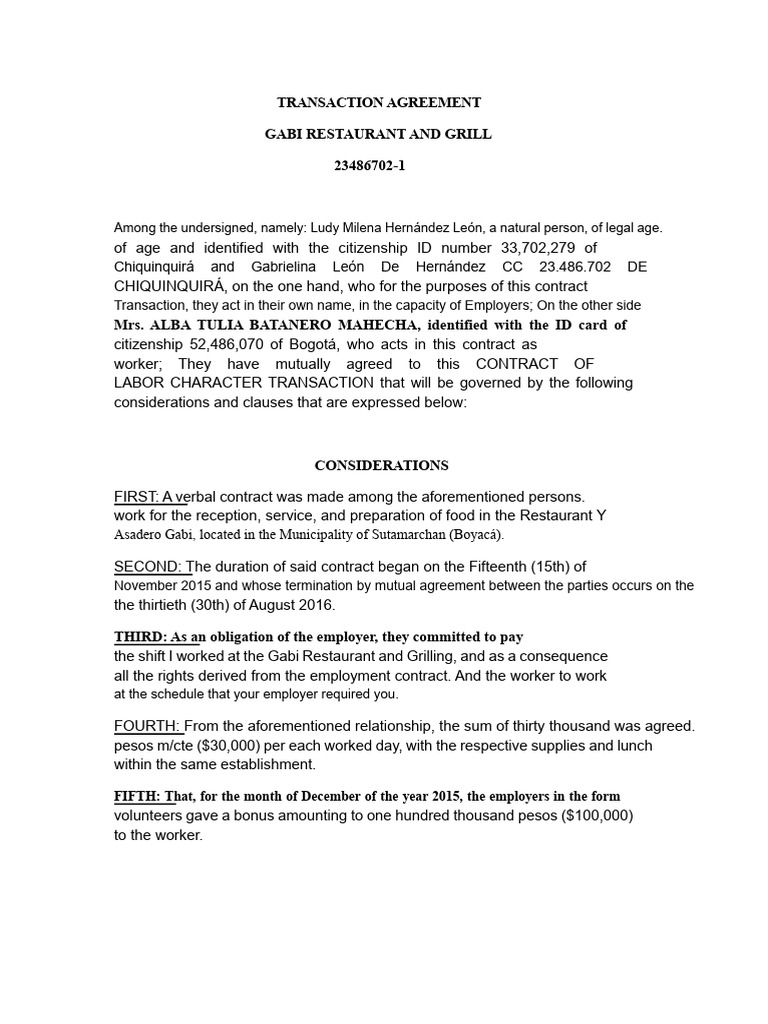 Gabi Restaurant Employment Transaction Agreement | PDF | Employment ...
