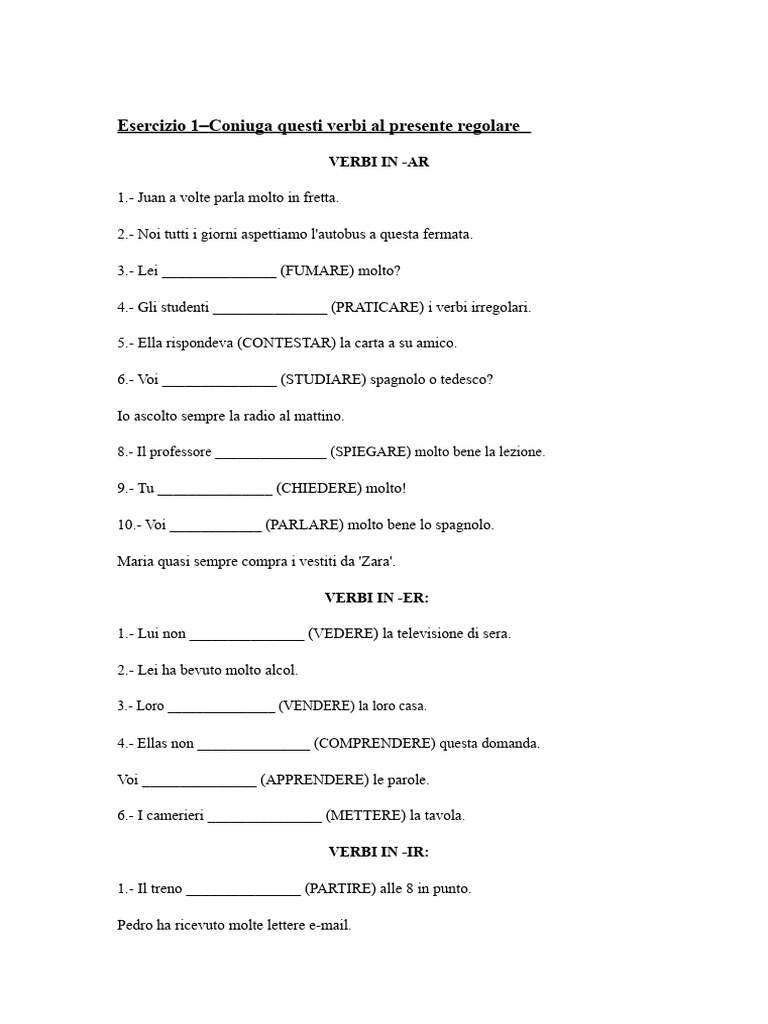 Esercizi Verbi Presente Indicativo Regolare | PDF, image size:768x1024