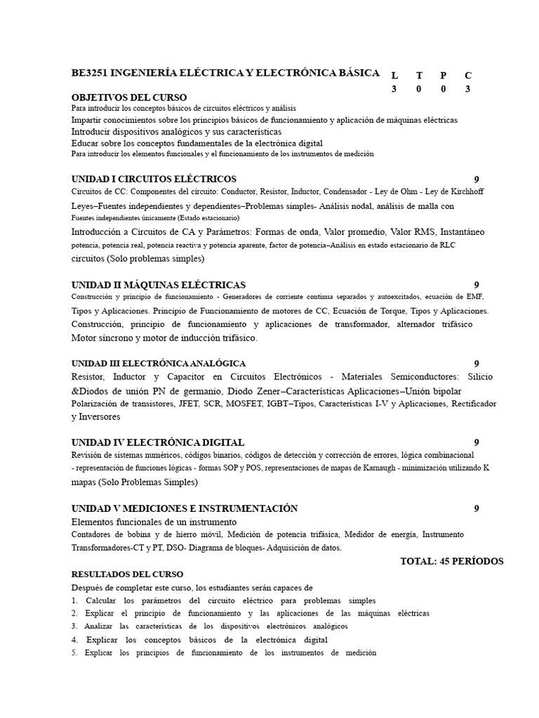Be3251 Ingeniería Eléctrica y Electrónica Básica | PDF | Red eléctrica ...