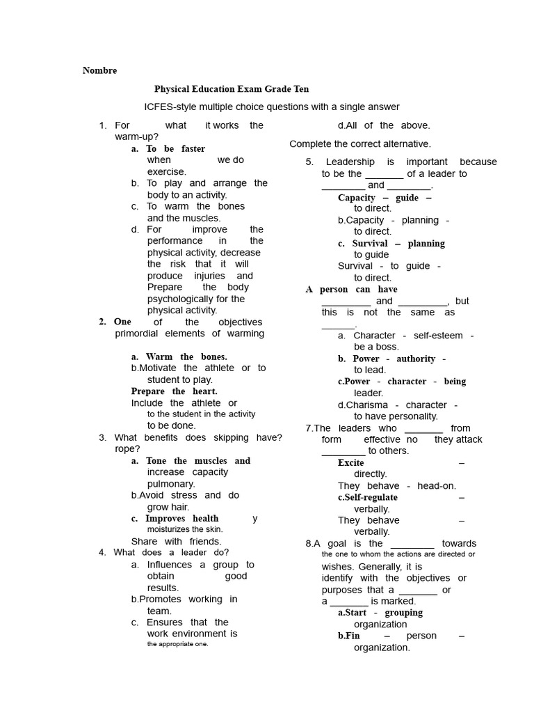 Grade 10 Physical Education Exam Guide | PDF