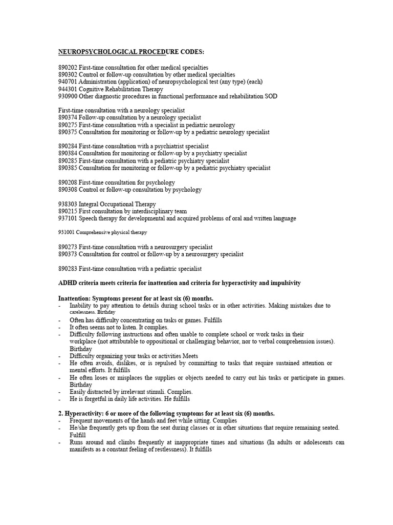 Neuropsychological Procedure Codes Overview | PDF | Intellectual ...