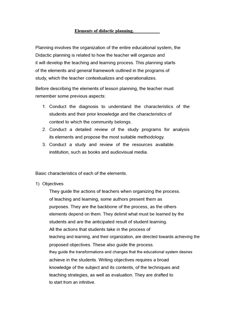 Elements Of Didactic Planning Pdf Learning Teachers