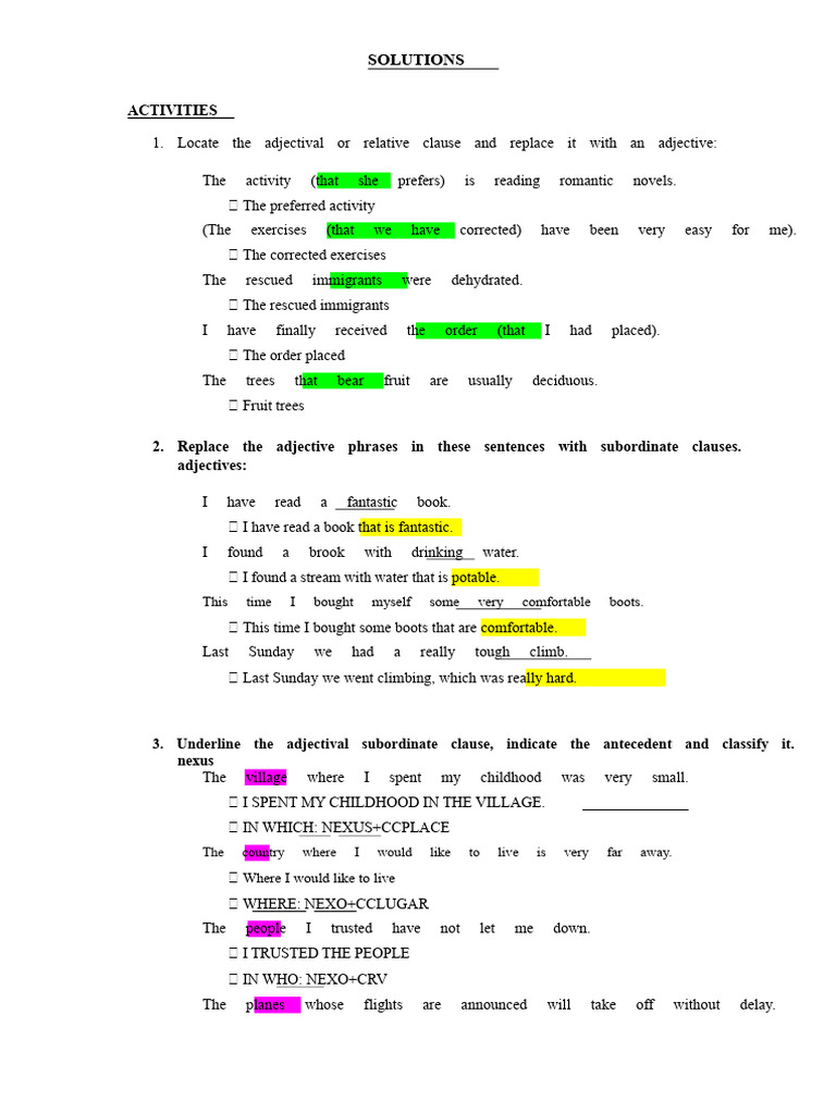 Adjectival Clause Exercises and Analysis | PDF | Adjective | Clause