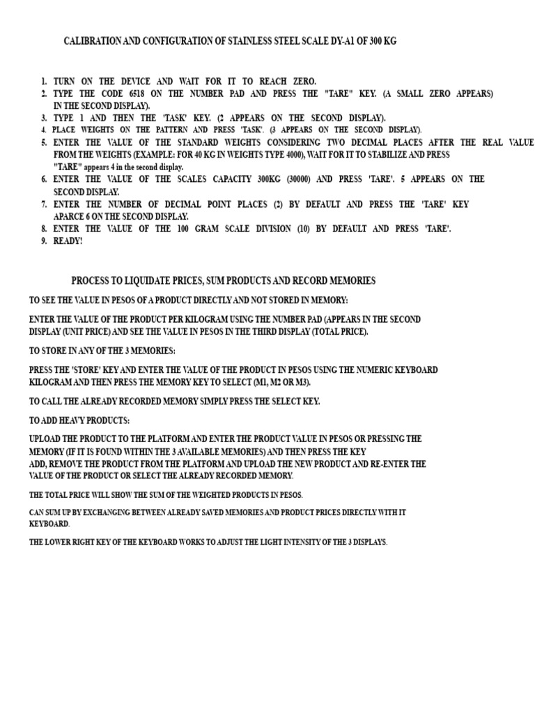 Calibration Guide for DY-A1 Scale 300kg | PDF