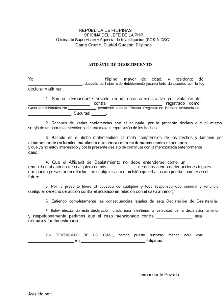 Afidávit de Desistimiento en Filipinas | PDF | Justicia | Crimen y ...