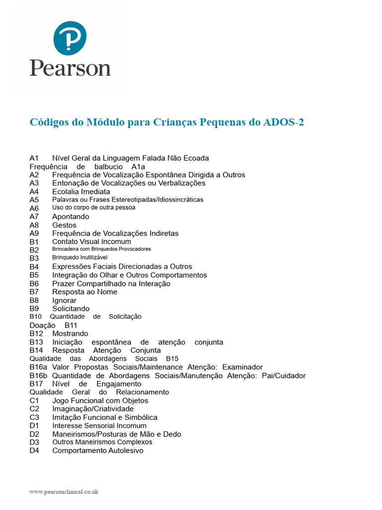 Códigos ADOS-2 para Crianças Pequenas | PDF