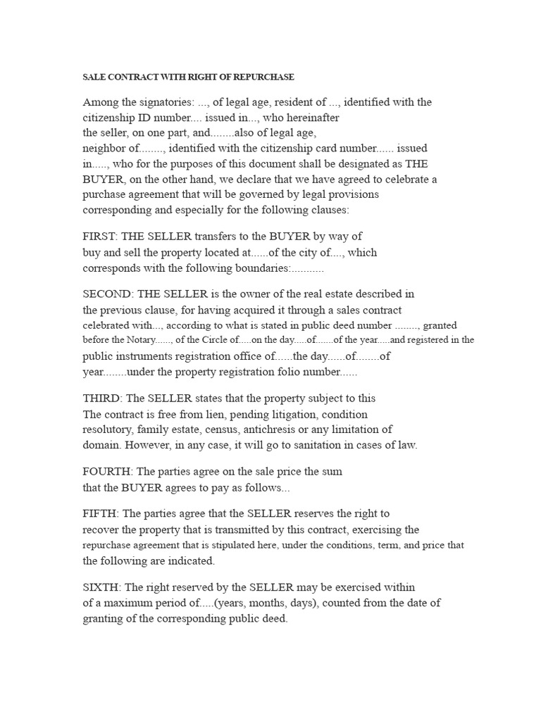 Sale Contract with Repurchase Right | PDF | Repurchase Agreement | Sales