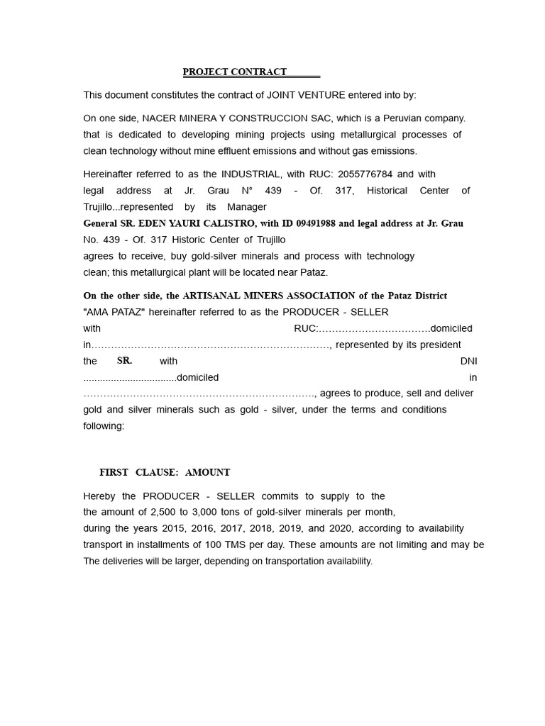 Joint Venture Mining Contract Overview | PDF | Ounce | Pound (Mass)