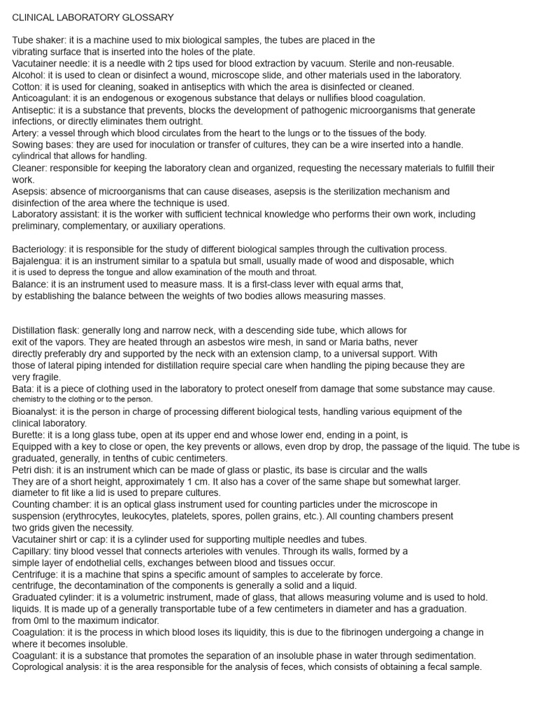 Clinical Laboratory Terminology Guide | PDF | Blood Plasma | Blood Vessel