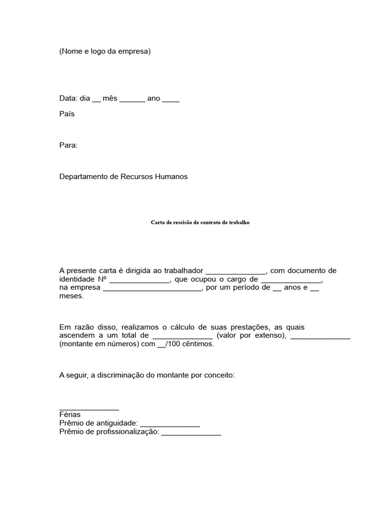 Carta de Rescisão de Contrato de Trabalho | PDF