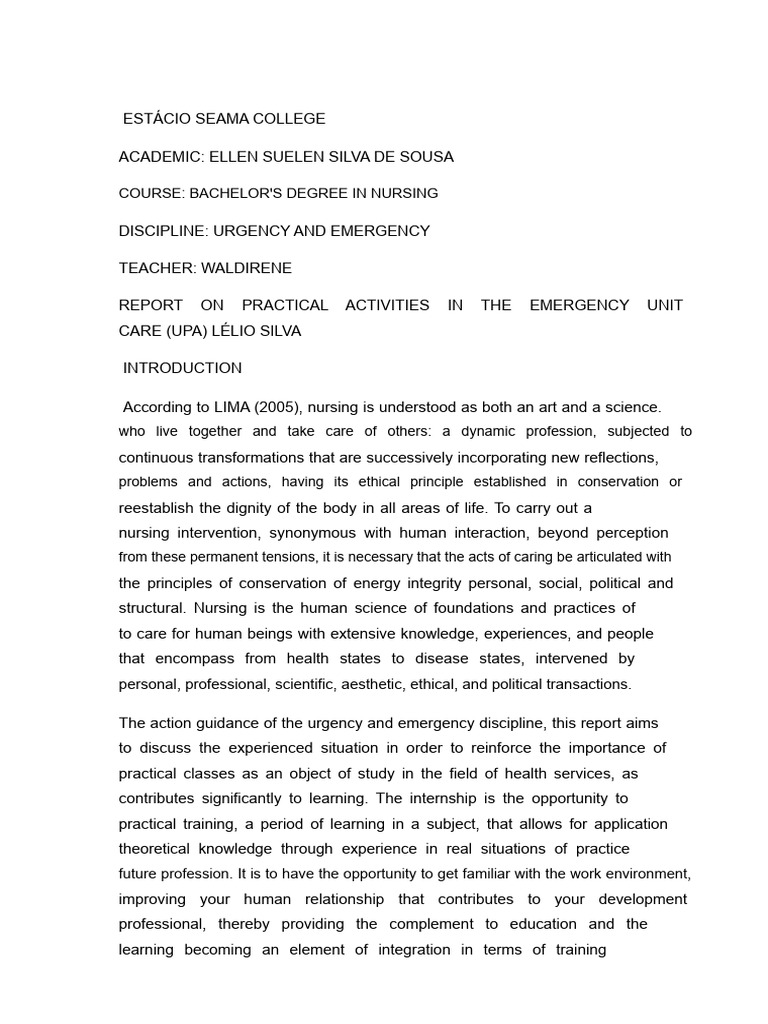 Nursing Internship Report: Emergency Care | PDF | Nursing | Science