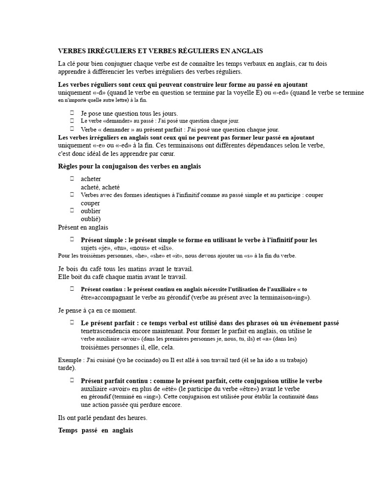 Verbes réguliers et irréguliers en anglais | PDF | Verbe | Conjugaison