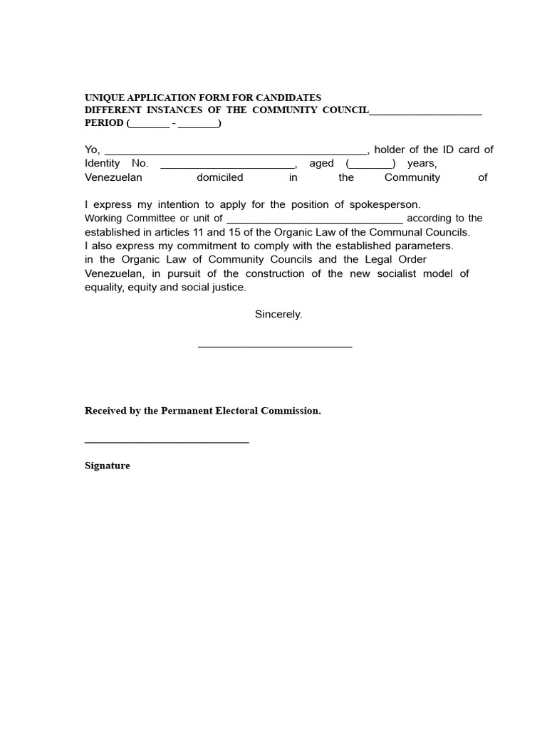 Unique Application Form For The Community Council | PDF