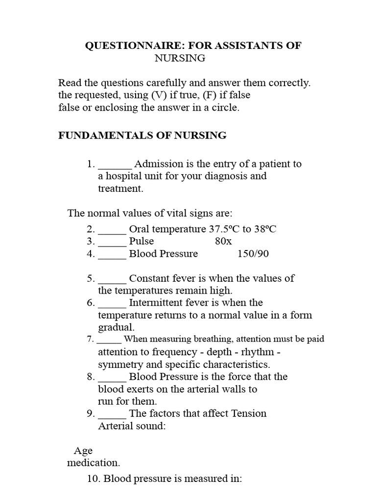 Nursing Assistant Questionnaire Guide | PDF | Sterilization ...