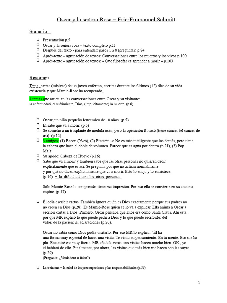 Oscar y La Señora Rosa - Resumen | PDF