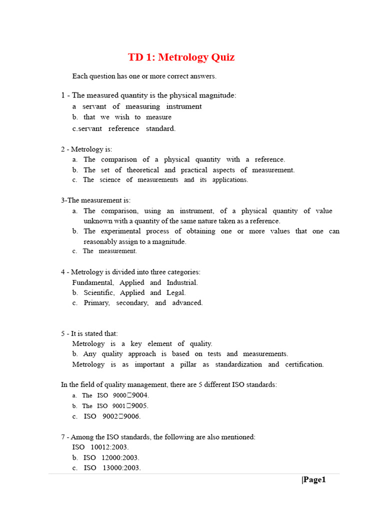Metrology Quiz: Key Concepts and Standards | PDF | Metrology | Measurement