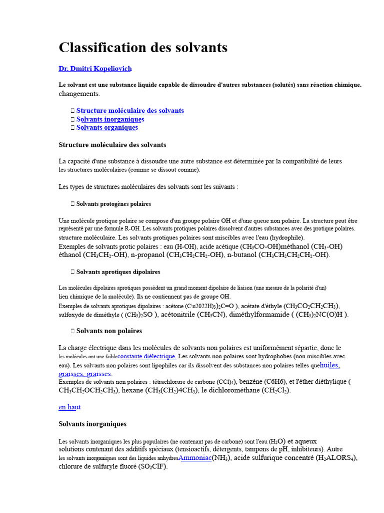 Classification des solvants chimiques | PDF | Solvant | Polarité (chimie)