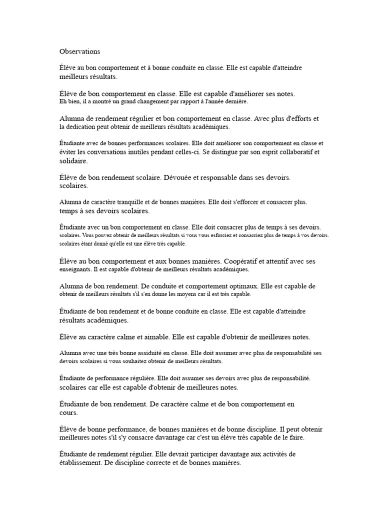 Observations sur le comportement scolaire | PDF