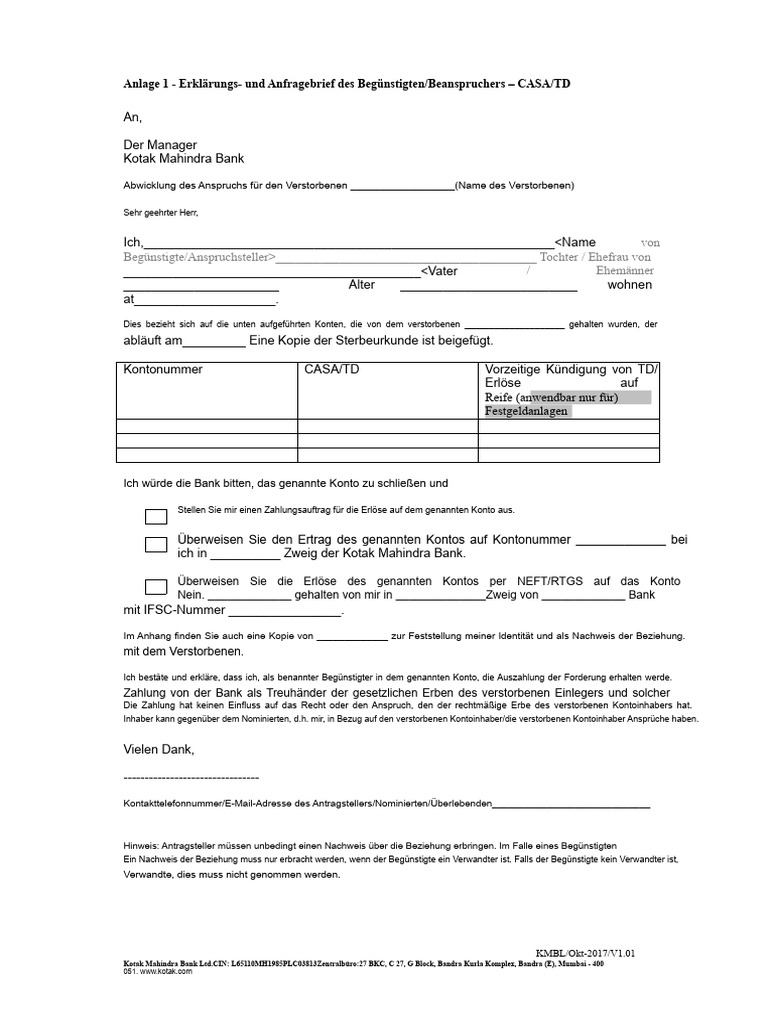 Anlage 1 - Erklärung Cum Antragsschreiben Vom Begünstigten - CASA ... | PDF