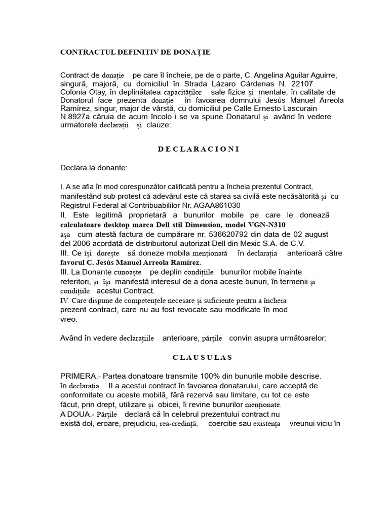 Contract de Donație Definitivă | PDF