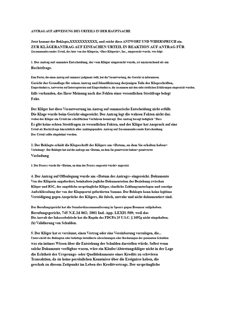 Musterantrag Auf Abweisung Des Urteils Im Summarischen Verfahren | PDF