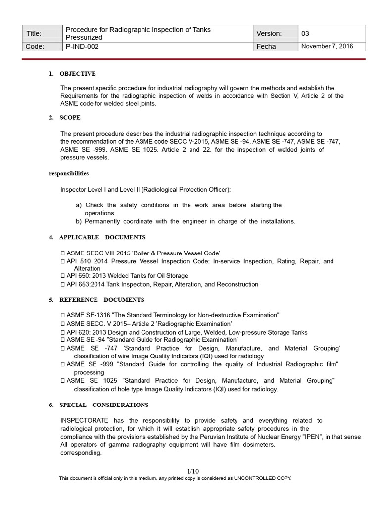 Radiographic Inspection Procedure for Tanks | PDF | Radiography | Welding