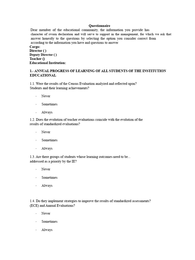 Educational Institution Assessment Questionnaire | PDF | Teachers ...