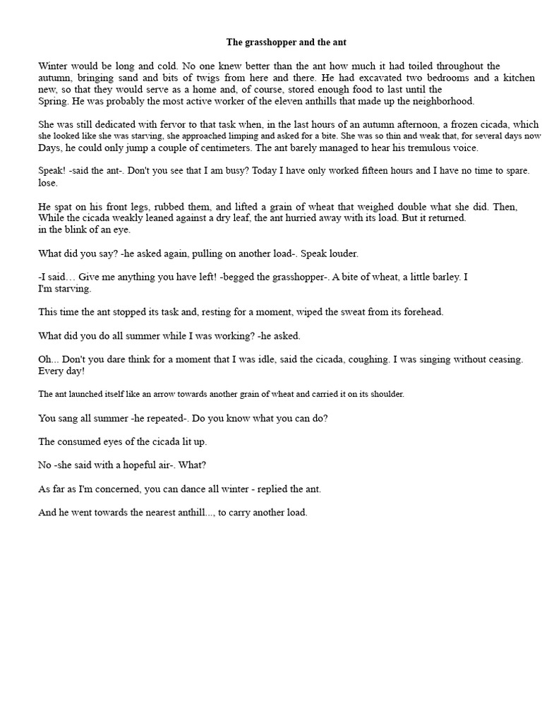 The Ant and the Grasshopper Fable | PDF