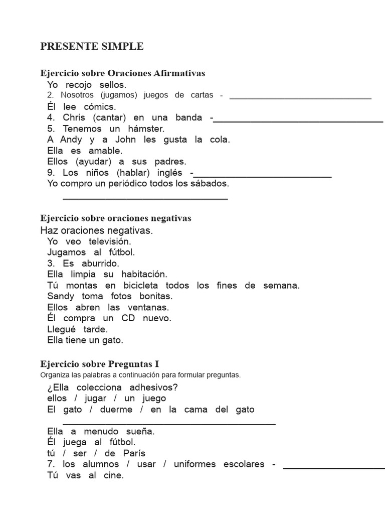 Ejercicios de Presente Simple en Inglés | PDF