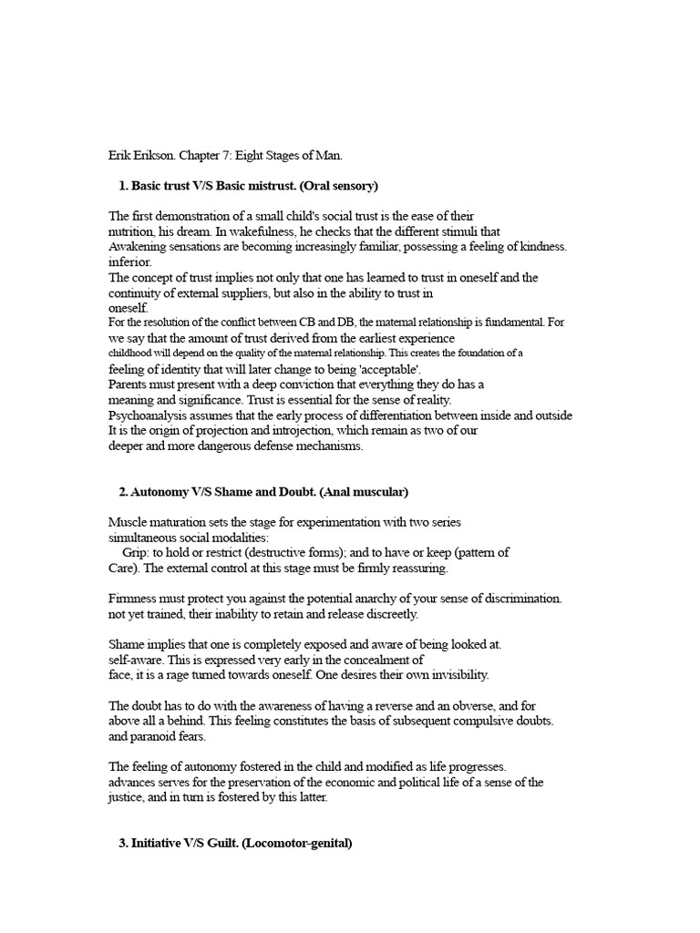 Chapter 7 Eight Stages of Man Erik Erikson SUMMARY | PDF | Social ...