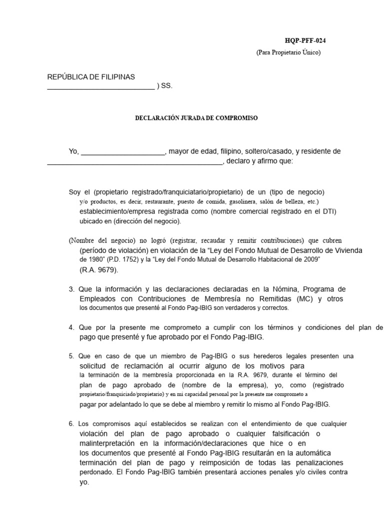 PFF024 - Declaración Jurada Compromiso de Propietario Único - V01 | PDF ...