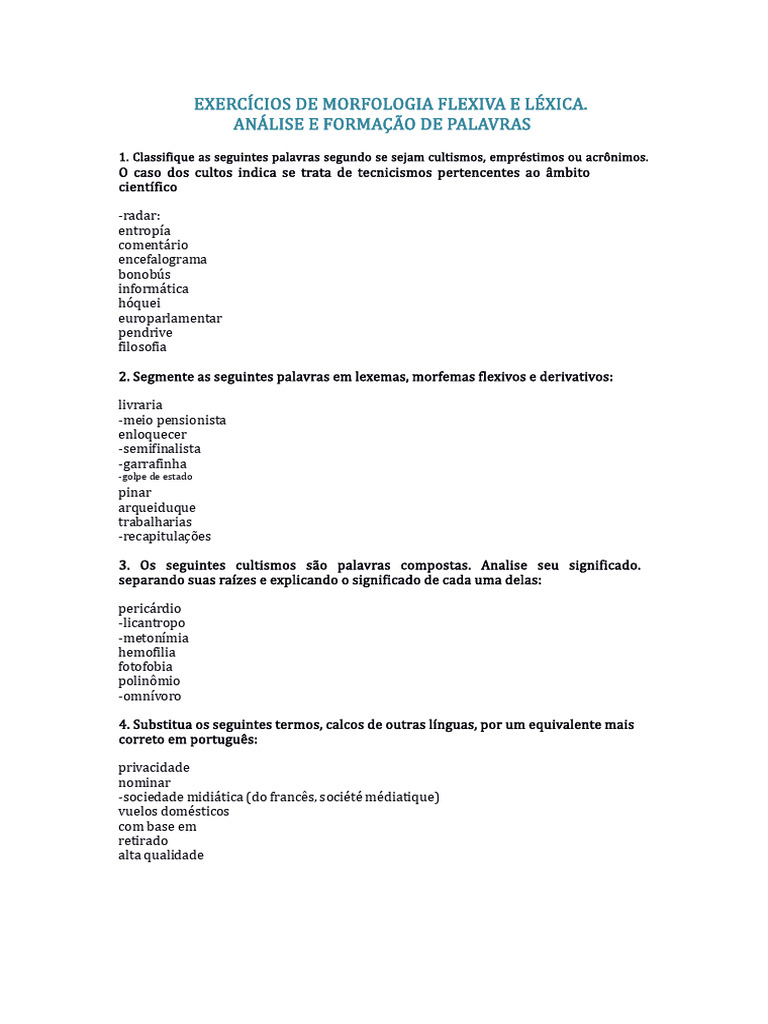 Exercícios de Morfologia e Formação de Palavras | PDF | Palavra | Plural